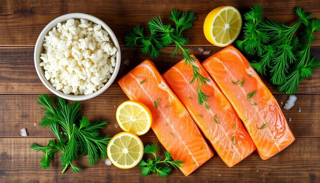 Salmon and rice ingredients