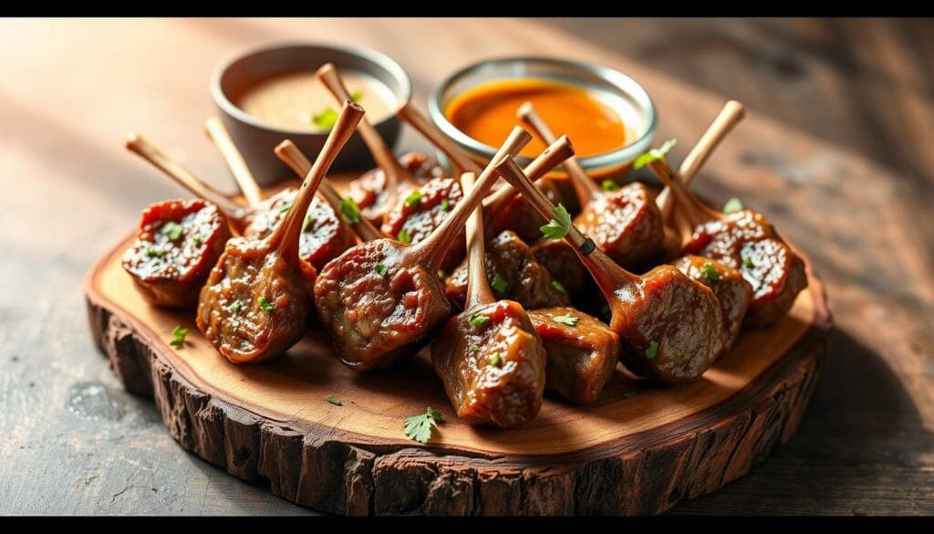 Lamb lollipops on a wooden board